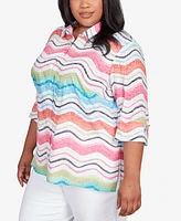 Alfred Dunner Plus Classic Brights Wavy Stripe Button Down Top