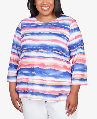 Alfred Dunner Plus Size Classic Brights Watercolor Stripe Pleated Neck Top