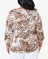 Alfred Dunner Plus Classic Puff Print Mixed Animal Split Neck Top