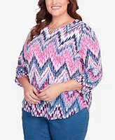 Alfred Dunner Plus Classic Puff Print Ikat Chevron Split Neck Top