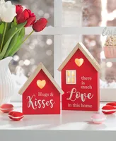 Glitzhome Lighted Valentine's Wooden House-Shaped Table Decor, Set of 2