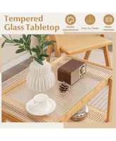 1 Pc Bamboo Side Table with Rattan Shelf Glass Top Nightstand Small Sofa End Table
