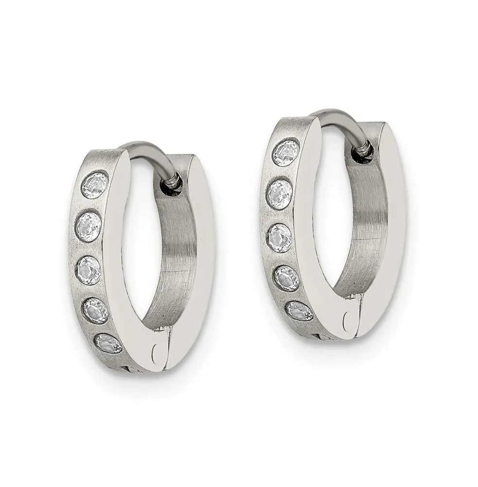 Chisel Stainless Steel Brushed and Polished Cz Hinged Hoop Earrings