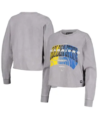 Women's The Wild Collective Gray Distressed Golden State Warriors Band Cropped Long Sleeve T-shirt