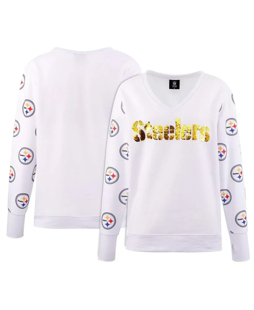 Women's Cuce White Pittsburgh Steelers Sequin Fleece V-Neck T-shirt