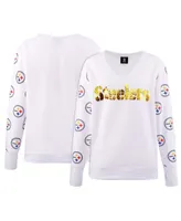Women's Cuce White Pittsburgh Steelers Sequin Fleece V-Neck T-shirt
