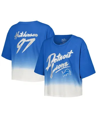 Women's Majestic Threads Aidan Hutchinson Blue, White Distressed Detroit Lions Dip-Dye Player Name and Number Crop Top