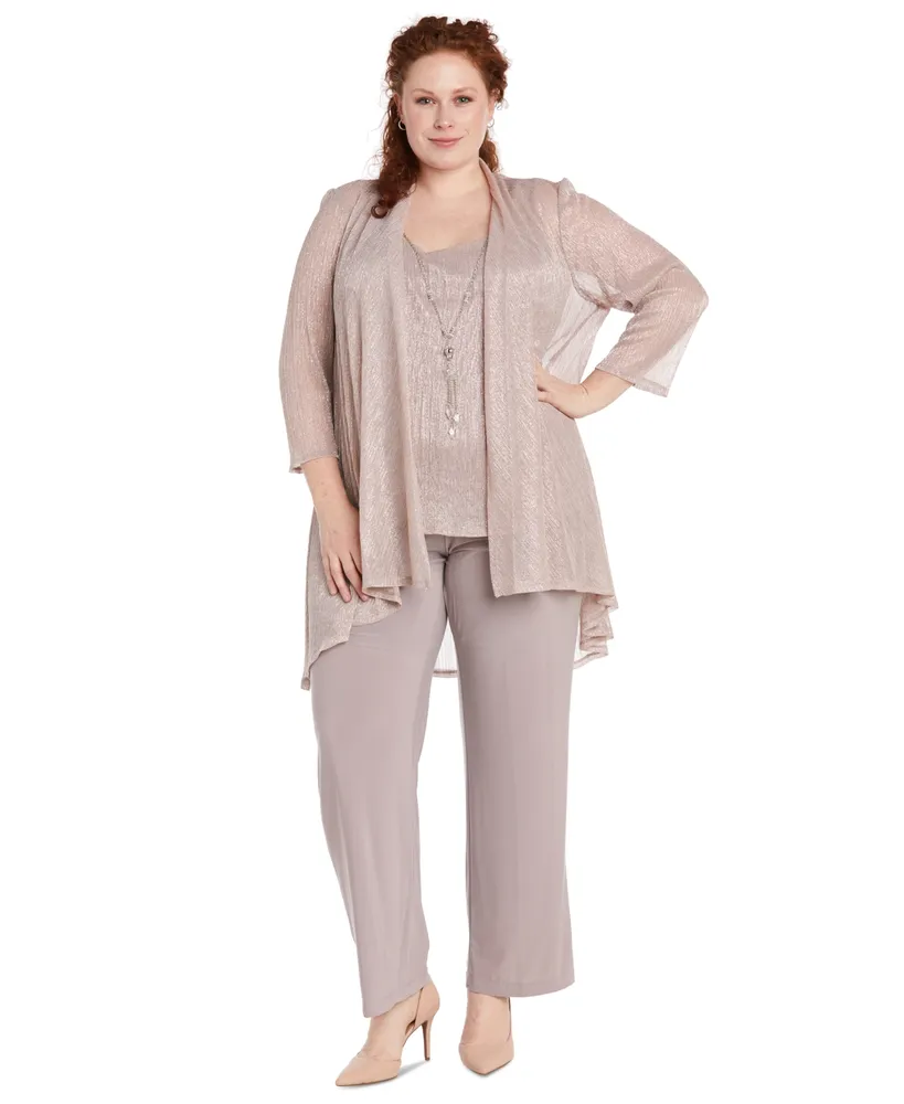 R & M Richards Plus Size 3-Pc. Metallic Jacket, Necklace Top & Pants Set