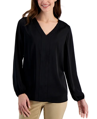 Jm Collection Women's Long Sleeve Satin V-Neck Blouse, Created for Macy's