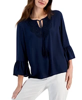 Jm Collection Women's Lace-Trim Bell-Sleeve Woven Top