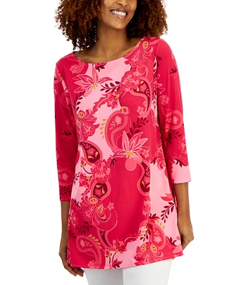 Jm Collection Women's Printed Boat-Neck Tunic Top, Created for Macy's