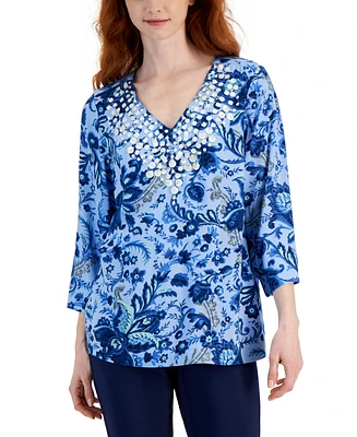 Jm Collection Women's Printed 3/4 Sleeve V-Neck Embellished Top, Created for Macy's