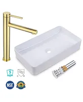 Rectangle Bathroom Countertop Vessel Sink & Gold Mixer Faucet Set w/Pop Up Drain