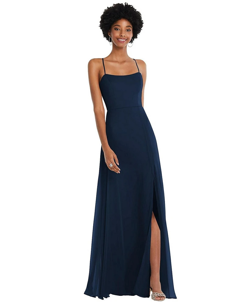 Women's Scoop Neck Convertible Tie-Strap Maxi Dress with Front Slit