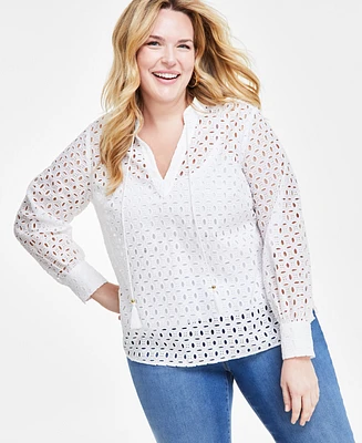 I.n.c. International Concepts Plus Eyelet Tie-Neck Blouse, Created for Macy's