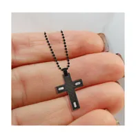 Chisel Brushed Black Carbon Fiber Cz Cross Pendent Ball Chain Necklace