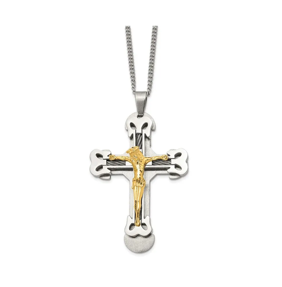 Chisel Brushed Yellow Ip-plated Cable Crucifix Pendant Curb Chain