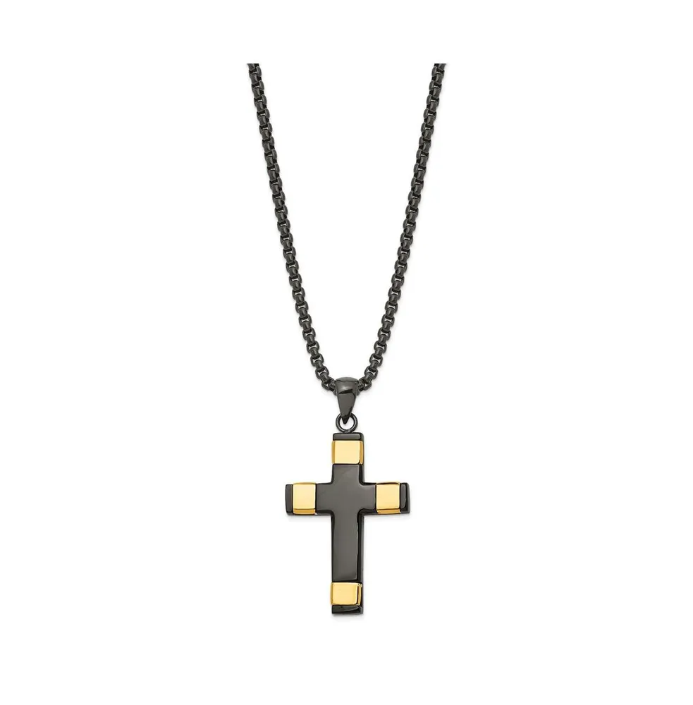 Chisel Black and Yellow Ip-plated Cross Pendant 19.5 inch Box Chain