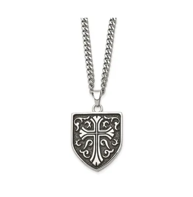 Chisel Antiqued Polished Cross Shield Pendant on a Curb Chain Necklace