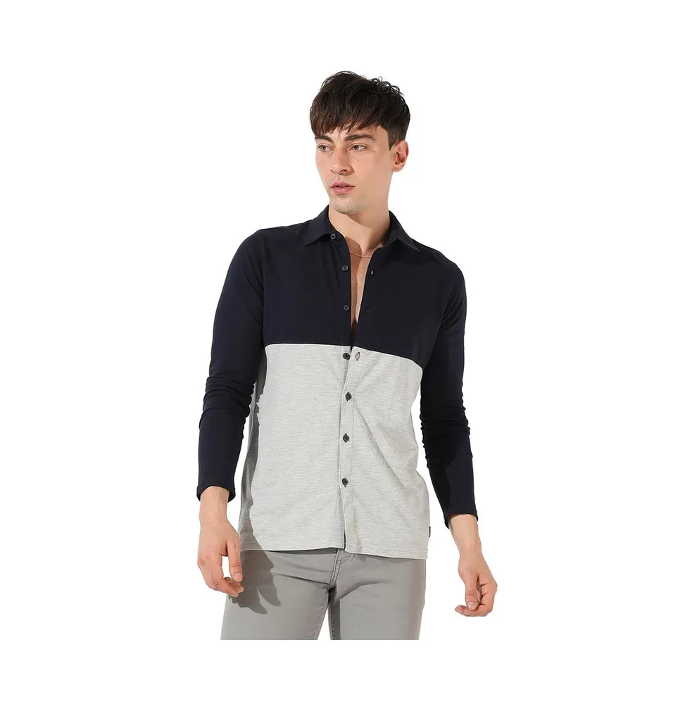 Campus Sutra Men's Navy Blue & Light Grey Contrast Panel Shirt