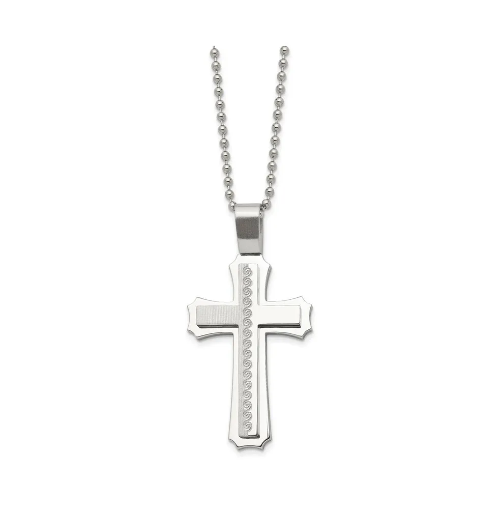 Chisel Brushed Swirl Design Cross Pendant Ball Chain Necklace