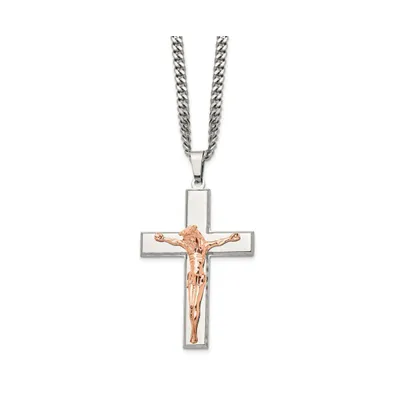 Chisel Polished Rose Ip-plated Crucifix Pendant Curb Chain Necklace