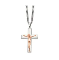 Chisel Polished Rose Ip-plated Crucifix Pendant Curb Chain Necklace