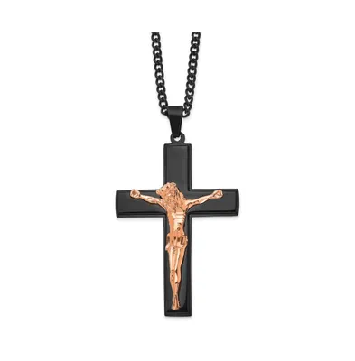 Chisel Black and Rose Ip-plated Crucifix Pendant Curb Chain Necklace