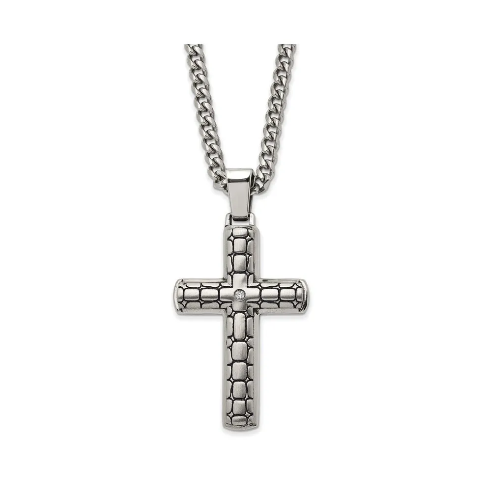 Chisel Antiqued Brushed and Cz Cross Pendant Curb Chain Necklace
