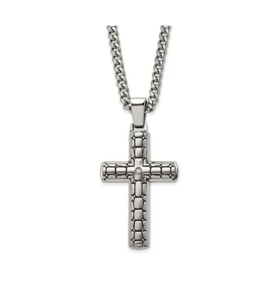 Chisel Antiqued Brushed and Cz Cross Pendant Curb Chain Necklace