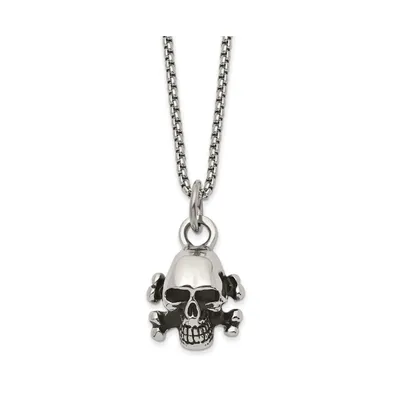 Chisel Antiqued Skull and Cross Bones Pendant Box Chain Necklace