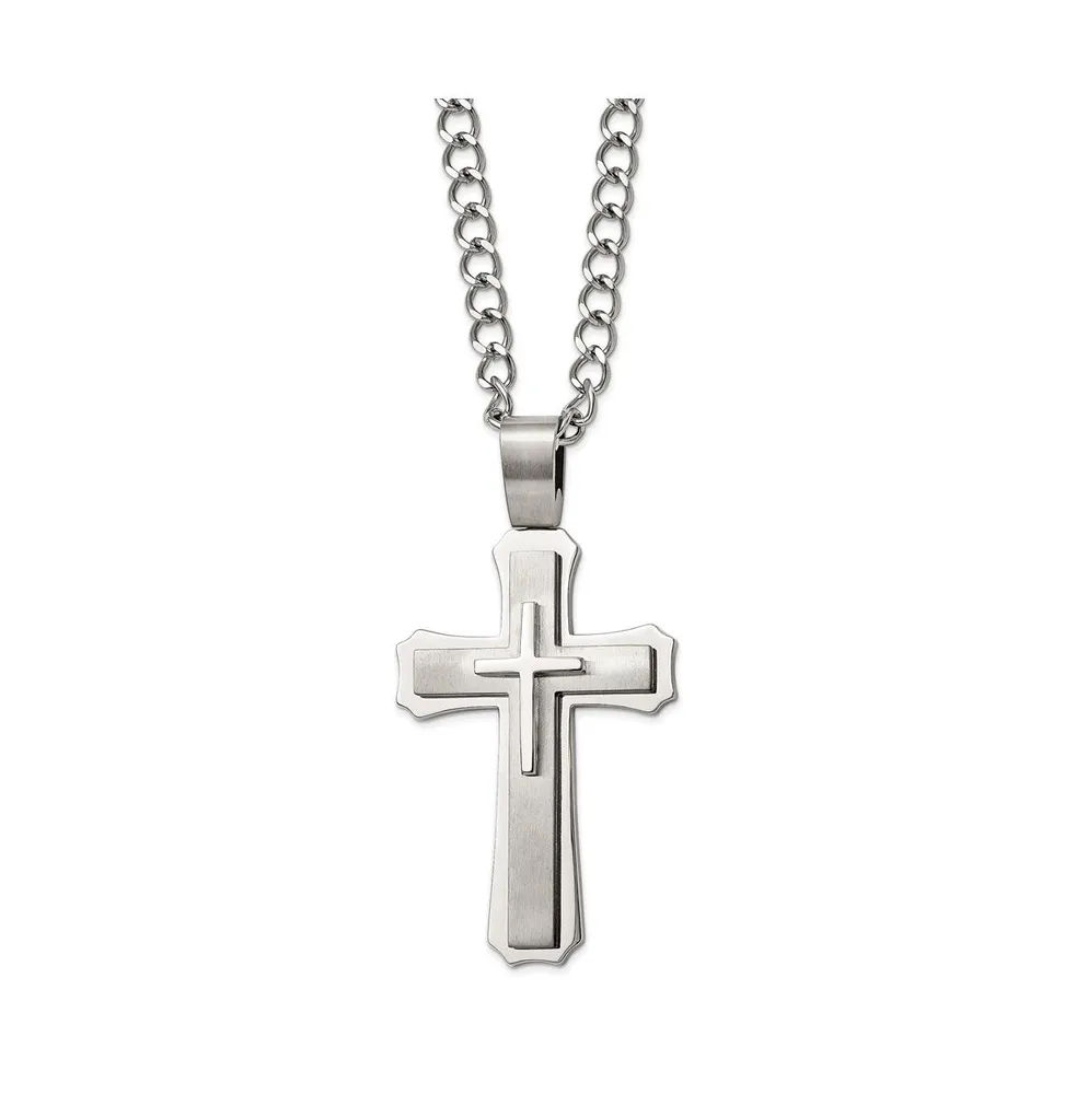 Chisel Brushed Large Cross Pendant Curb Chain Necklace