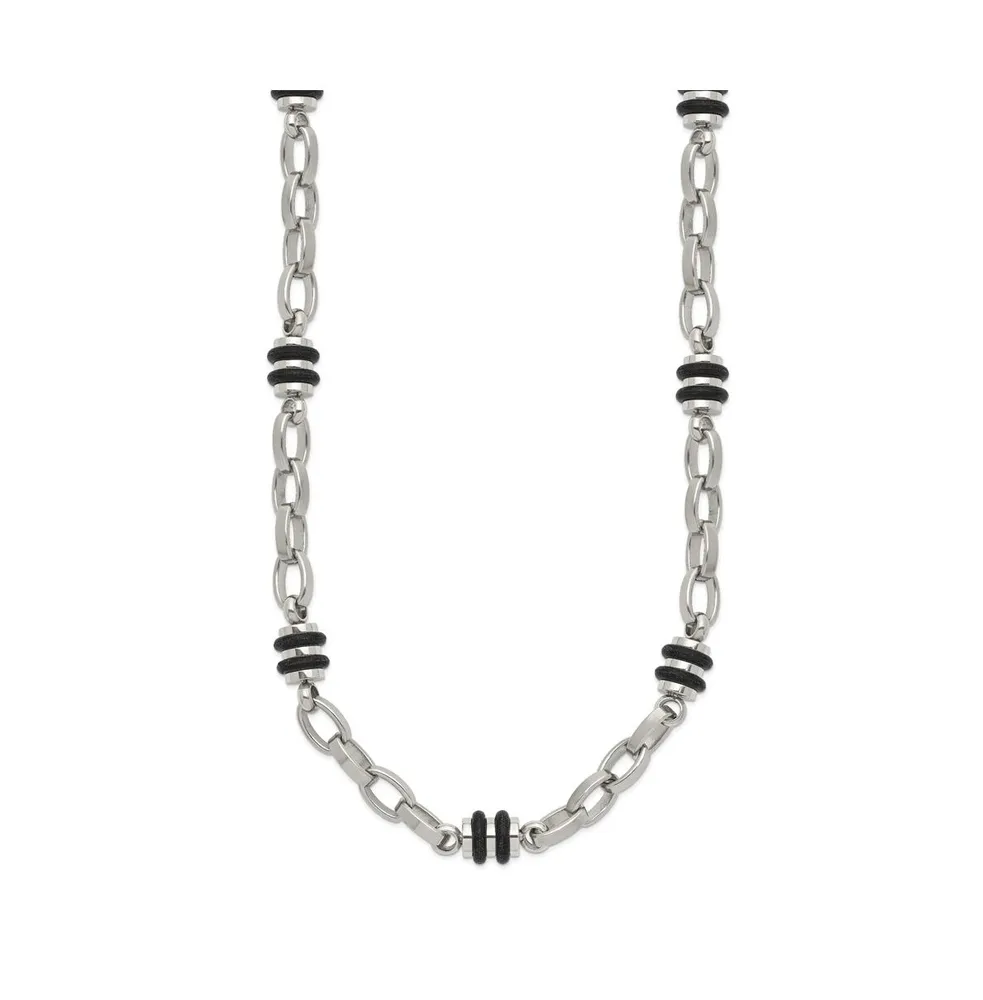 Chisel Stainless Steel Polished with Black Rubber Barrel Link Necklace