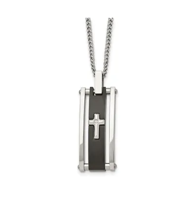 Chisel Black Ip-plated Cz Cross Pendant Curb Chain Necklace