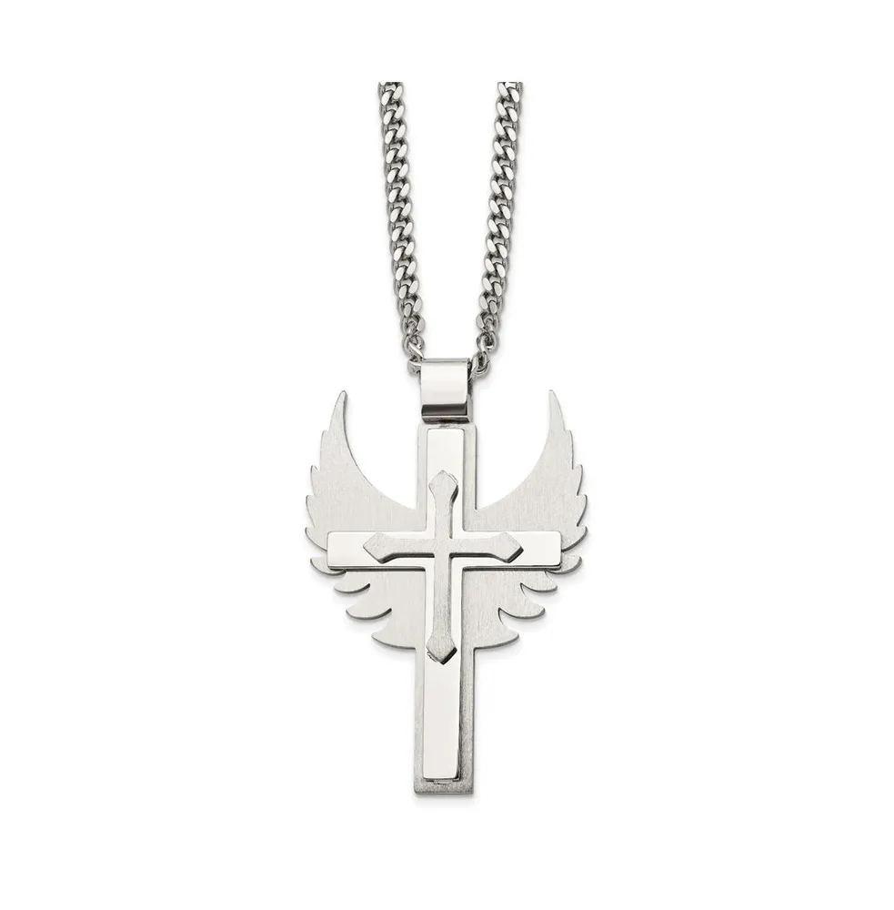 Chisel Brushed Cross with Wings Pendant Curb Chain Necklace