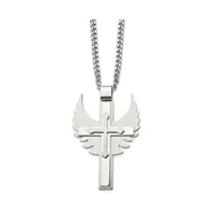 Chisel Brushed Cross with Wings Pendant Curb Chain Necklace