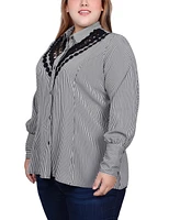 Ny Collection Plus Size Long Sleeve Crochet Trimmed Blouse