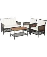 4 Pieces Patio Rattan Furniture Set with 2-Tier Coffee Table-White