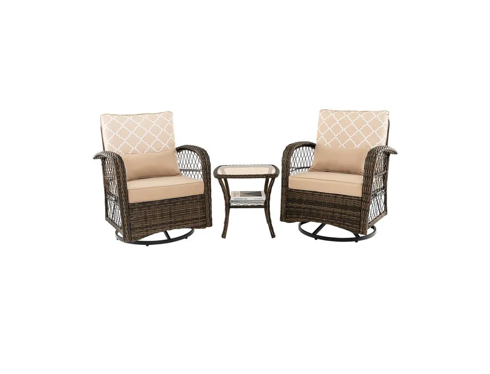 3 Pieces Outdoor Wicker Conversation Set with Tempered Glass Coffee Table-Beige