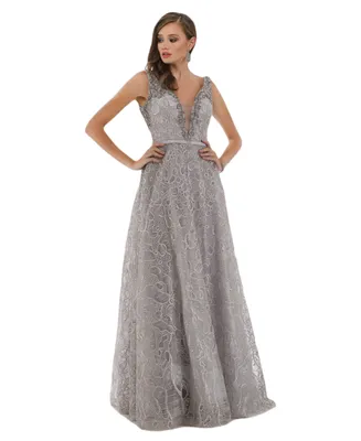 Women's Beaded V Neck lace Ball gown
