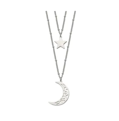 Chisel Polished Beaded Star and Moon 2 Strand Curb Chain Necklace