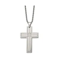 Chisel Polished with Cz Grooved Cross Pendant on a Rope Chain Necklace