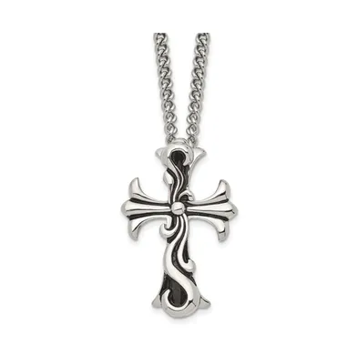 Chisel Antiqued Polished Scroll Cross Pendant on a Curb Chain Necklace