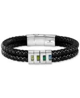 Blackjack Men's Cubic Zirconia Double Strand Leather Bracelet in Stainless Steel