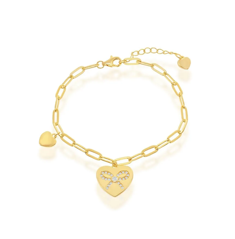 Sterling Silver or Gold Plated Over Heart with Cz Ribbon Paperclip Bracelet