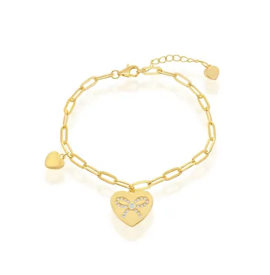 Sterling Silver or Gold Plated Over Heart with Cz Ribbon Paperclip Bracelet