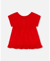 Girl Organic Cotton Long Top With Frill True Red