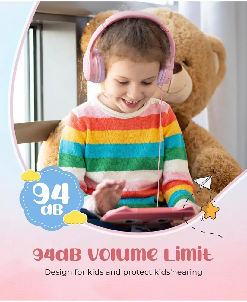 Kids Pink Headphones, Wired Foldable On-Ear Headphones for Kids, 94dB, 3.5mm Jack Kids Headset Pink