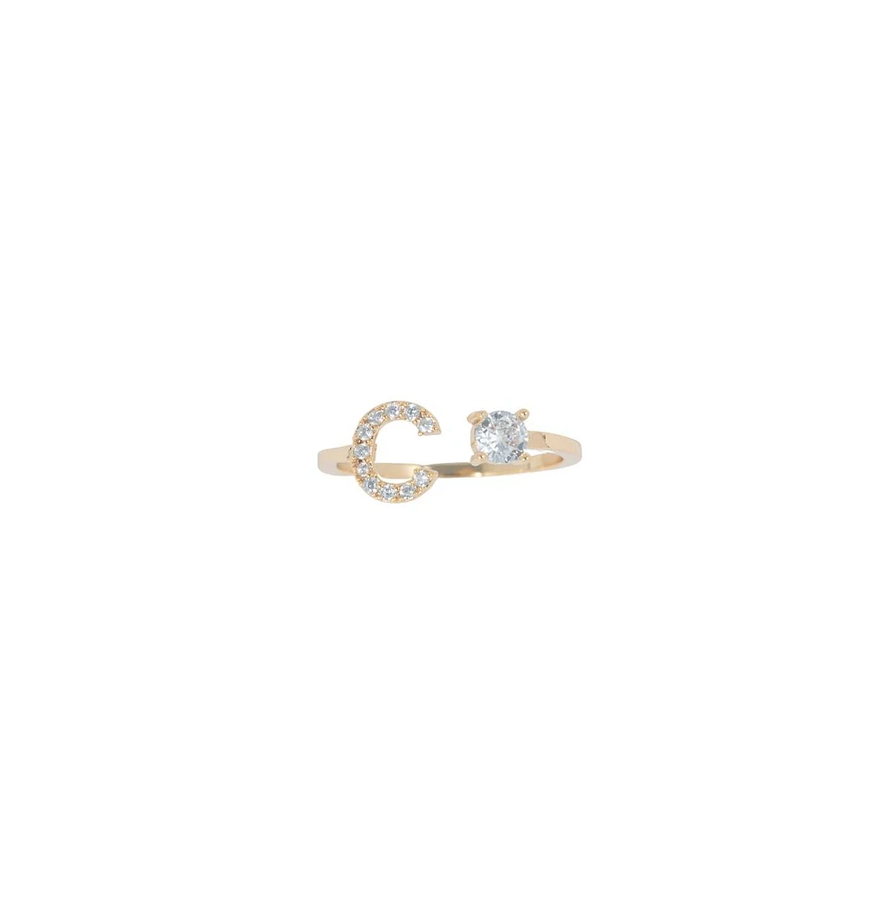 Crystal Initial Adjustable Gold-Tone Ring