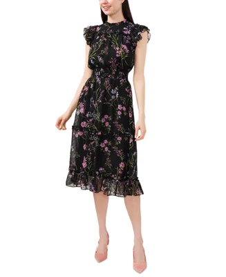 CeCe Women's Smocked Waist Flutter Sleeve Midi Dress